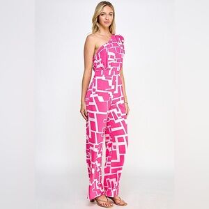 Asymmetrical Pink Geo Print One-Shoulder Jumpsuit